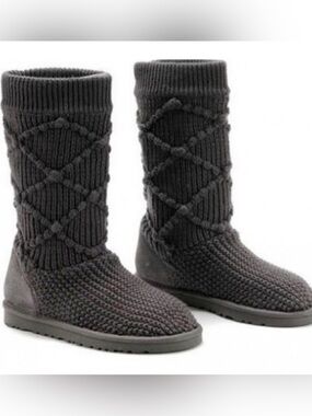 UGG Australia Black Argyle Sweater Tall Cardi Knit Boots, Size 6